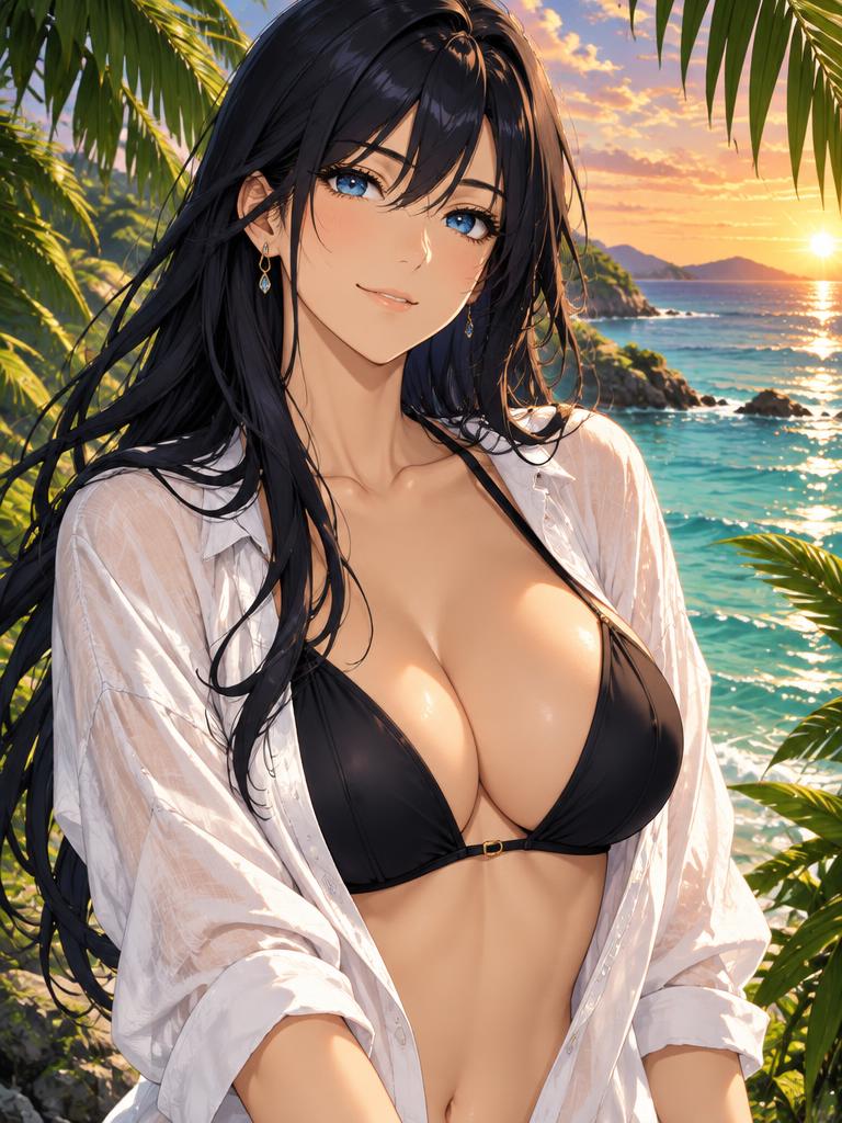 Luna, a fictional adult anime companion, on a tropical seaside