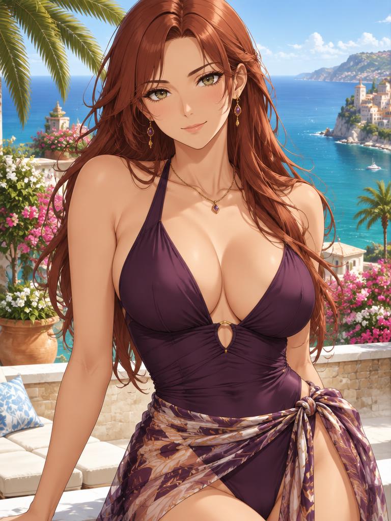 Mila, a fictional adult anime companion, on a tropical seaside