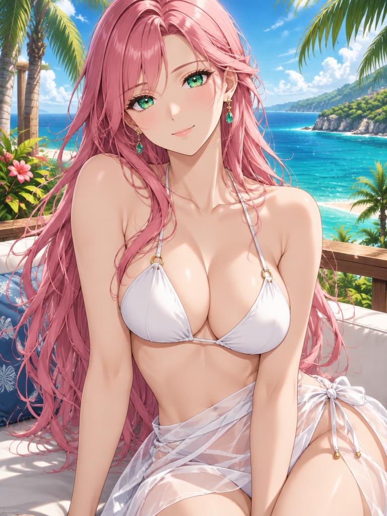 Sakura, an adult pink-haired anime companion, beside a tropical ocean