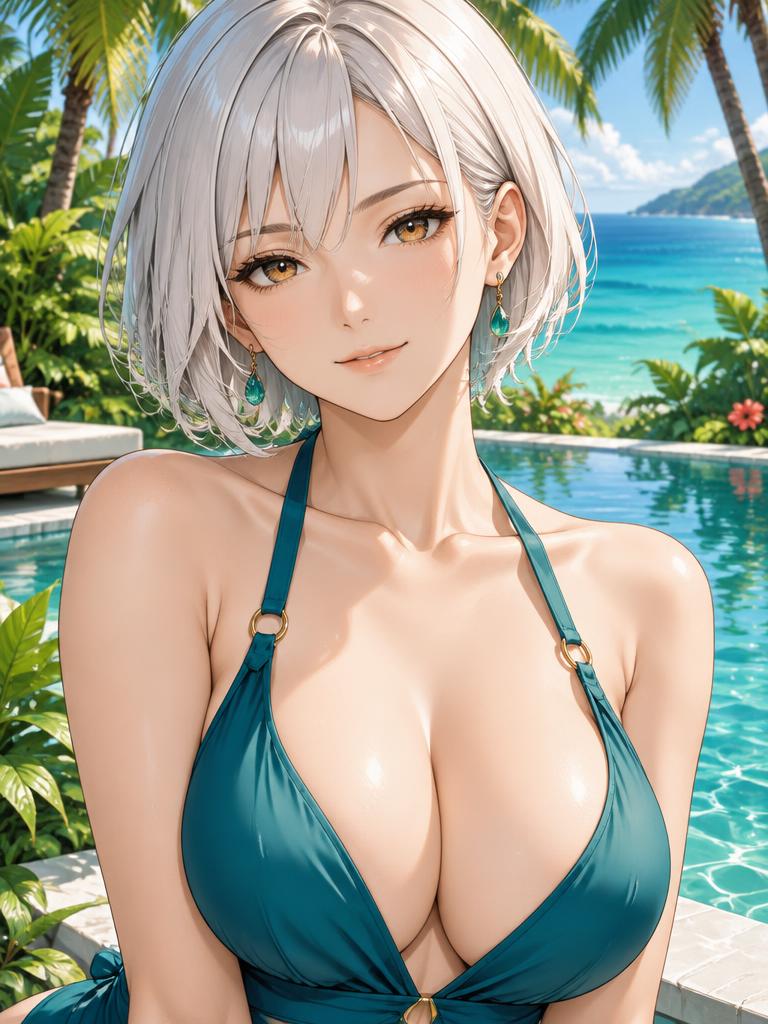 Yuki, a fictional adult anime companion, on a tropical seaside